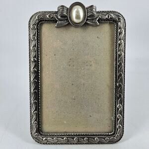 Vintage silver tone ribbon bow w pearl victorian style photo picture frame